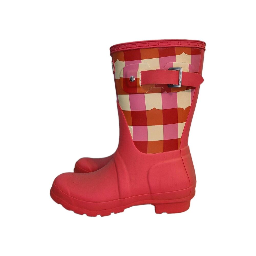 Hunter Original Short Gingham Plaid Rubber Boots Arcade Pink 7 Festival Preppy